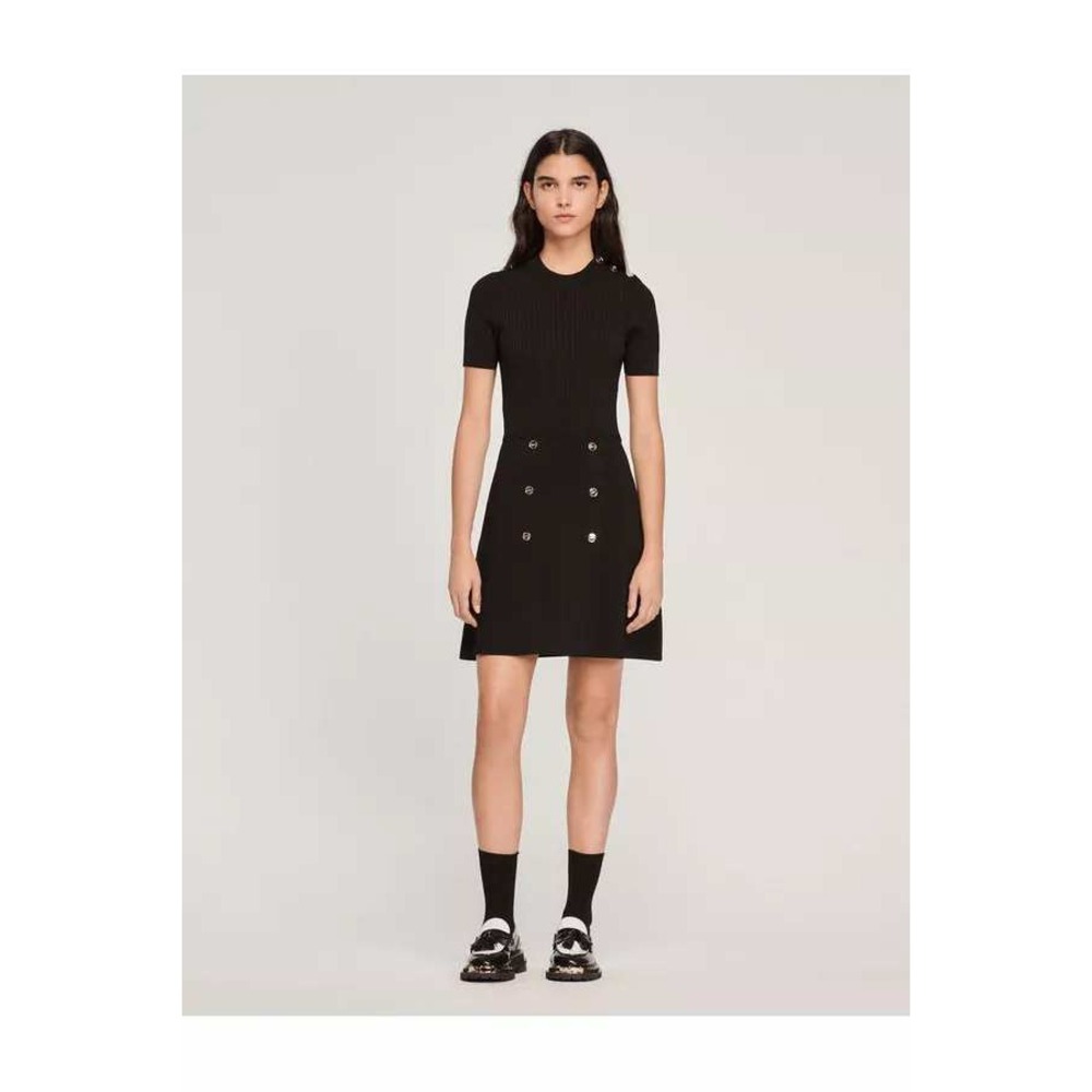 Sandro Black Ribbed Knit Short Sleeve A-Line Dress Gold Button Detail Size 36 - Picture 14 of 14
